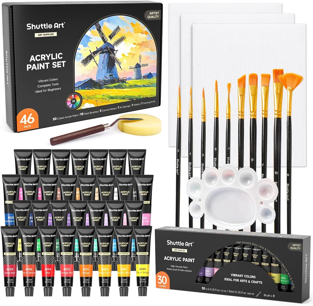 Shuttle Art 46 Pack Acrylic Paint Set, 30 Colors Acrylic Paint with 10 Paint Brushes 3 Painting Canvas 1 Paint Knife Palette Sponge, Complete Gift Set for Kids, Adults Painting Canvas, Wood, Ceramic